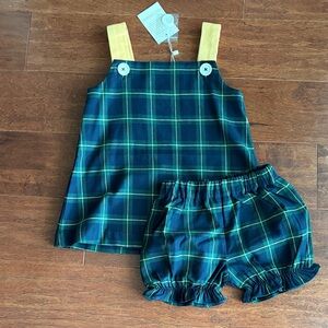 Green Navy Plaid Toddler Jumper Set with Yellow Straps